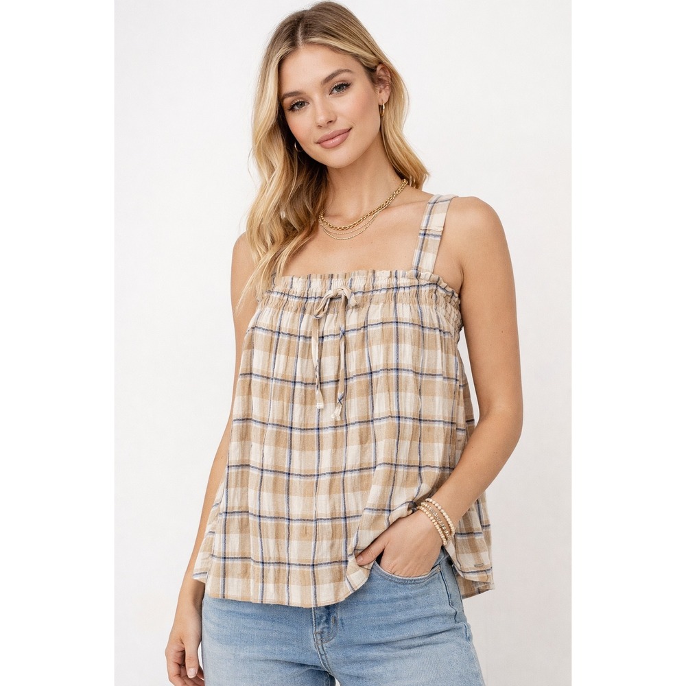 Easel NWT Cotton Gauze Plaid Smocked Tank Top Boho Cottagecore Size Large Summer